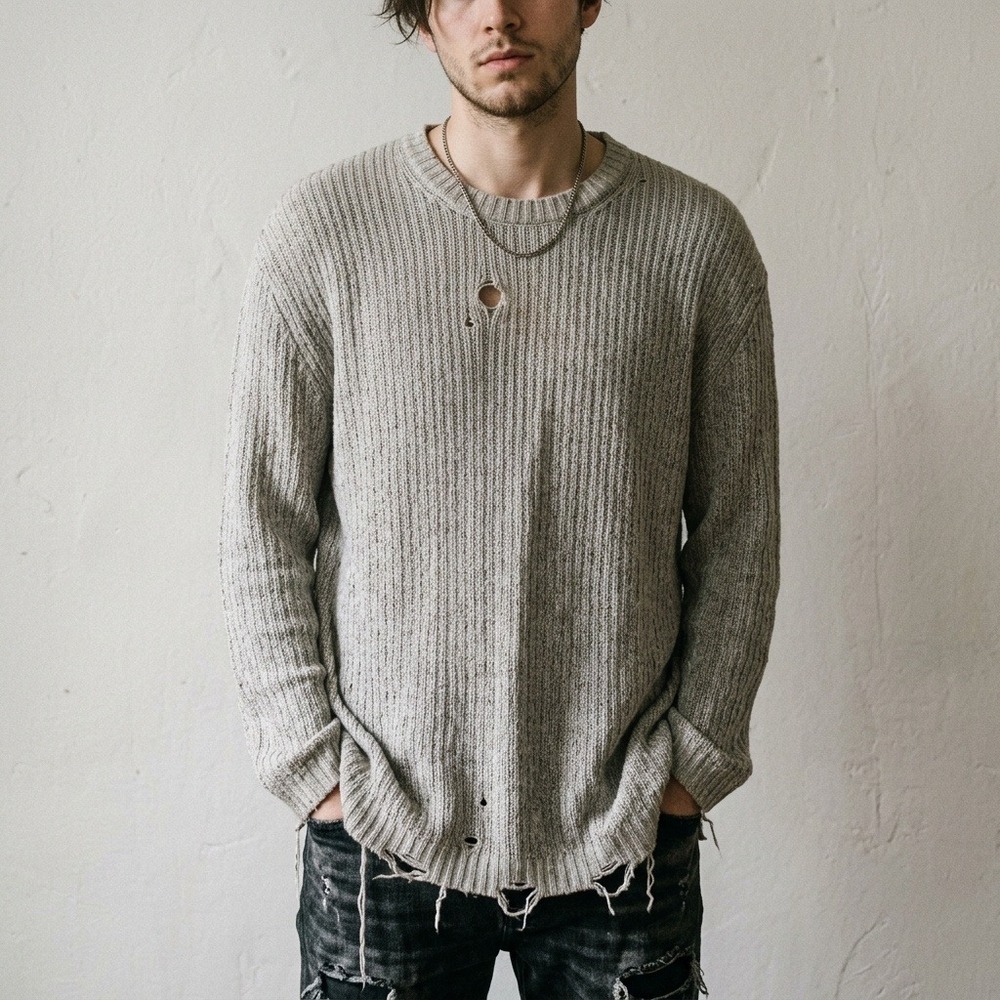 Lanvin Mens Sweater Medium Gray Distressed Cashmere Knit Grunge Avant Garde